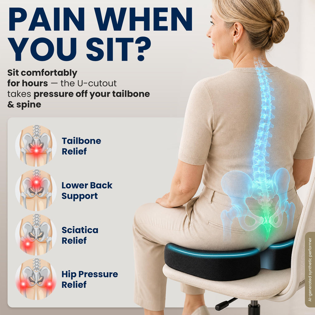5 STARS UNITED Seat Cushion - Memory Foam for Tailbone Pain Relief - Ergonomic Support for Coccyx, Sciatica & Butt - Wheelchair, Office, Desk & Gaming Chair, Car Seat, Airplane, Black