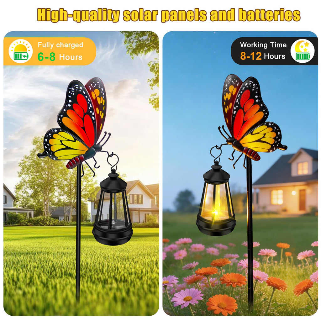 Solar Garden Light Outdoor, Waterproof Metal Butterfly Stake with Lantern