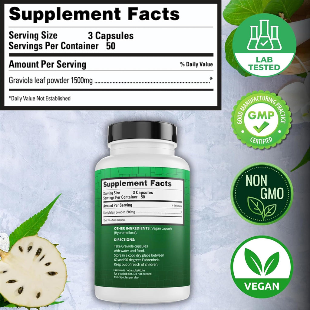 Peruvian Naturals Graviola Capsules, 1500 mg Soursop Leaf Extract from Hojas de Guanabana, Non-GMO, Vegan & Gluten-Free Herbal Supplement, 300 Count