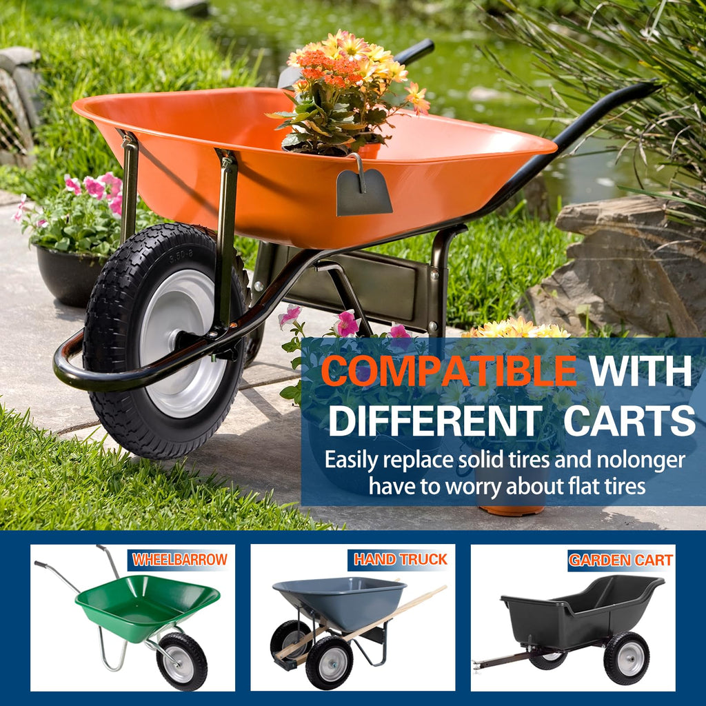 Sutmorly 4.80/4.00-8 Tire, 14.5" Flat Free Wheelbarrow Tire and Wheel, 5/8" 3/4" Bearings Solid Replacement Tires, 3" -7" Centered Hub, Universal Fit 3.50/3.00-8, 4.00-6 Trolley Dolly Go Kar, 2 Pack