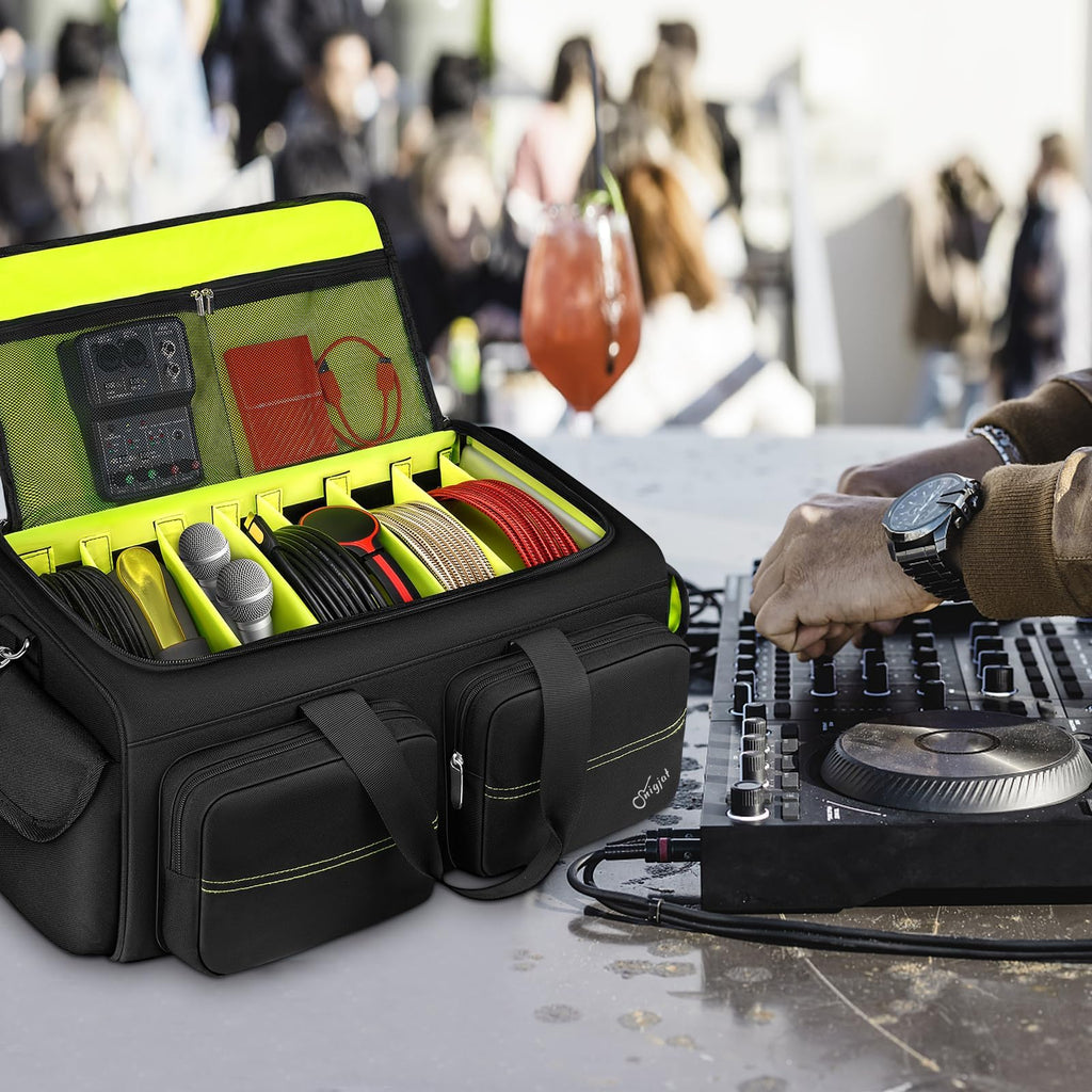 SNIGJAT DJ Bag, Large Capacity DJ Cable Bag with 6 Pockets for Extension Cords, Mics, Pedals, Gig Bag for Musicians, Musician Cable Organizer with Padded Shoulder Strap, DJ Acessories