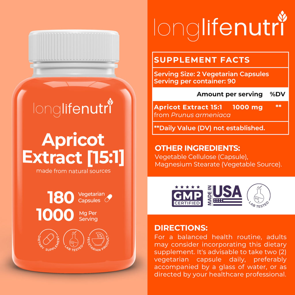 Apricot Extract - Advanced Formula, 1000mg per Serving, 180 Vegetarian Capsules for Natural Vitality, 3-Month Supply, Organic from Prunus Armeniaca - 15:1, Made in USA, Lab Tested, Non-GMO