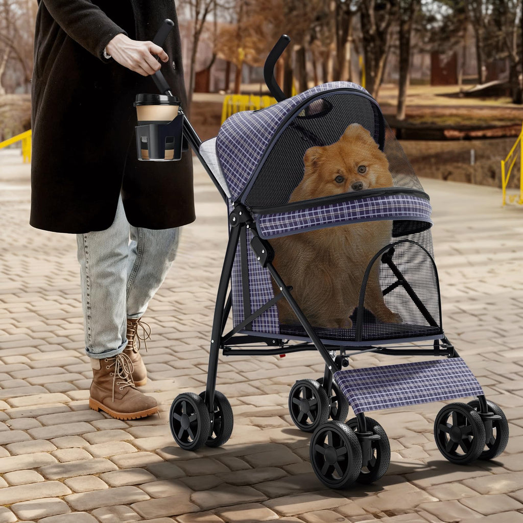 Magshion Compact Pet Stroller for Small-Medium Dogs/Cats up to 22lbs, 4-Wheel Lightweight Umbrella Shaped Portable Puppy Travel Jogger with Breathable Mesh, Cup Holder & Rear Storage, Plaid