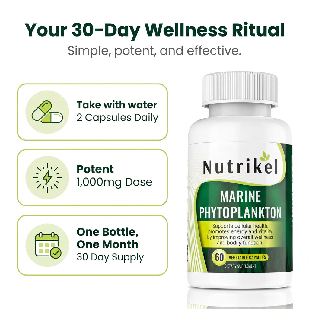 Marine Phytoplankton Omega 3 Supplement – Plant-Based Algae Capsules for Energy, Focus & Cellular Support – Vegan Superfood for Brain, Heart & Skin Health – 1,000mg – 60 Vegan Capsules