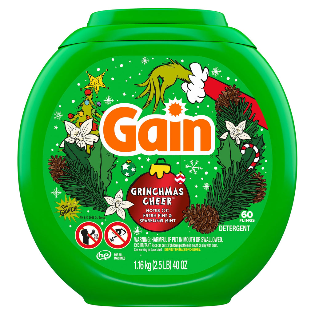 Gain Flings Liquid Laundry Detergent Pods, Odor Defense + Color Guard, Grinchmas Cheer Scent, 4-In-1 Liquid Laundry Detergent Pacs, Clean & Fresh, 60 Count