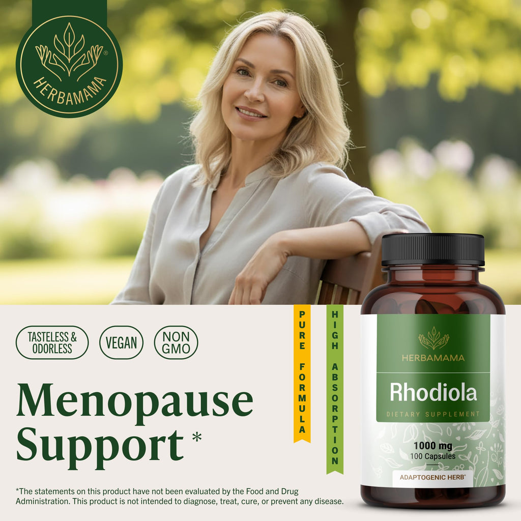 HERBAMAMA Rhodiola Rosea Supplement – Rhodiola Rosea Capsules for Stress Relief & Mental Focus Support* – 100 Vegan Capsules (50 Servings)