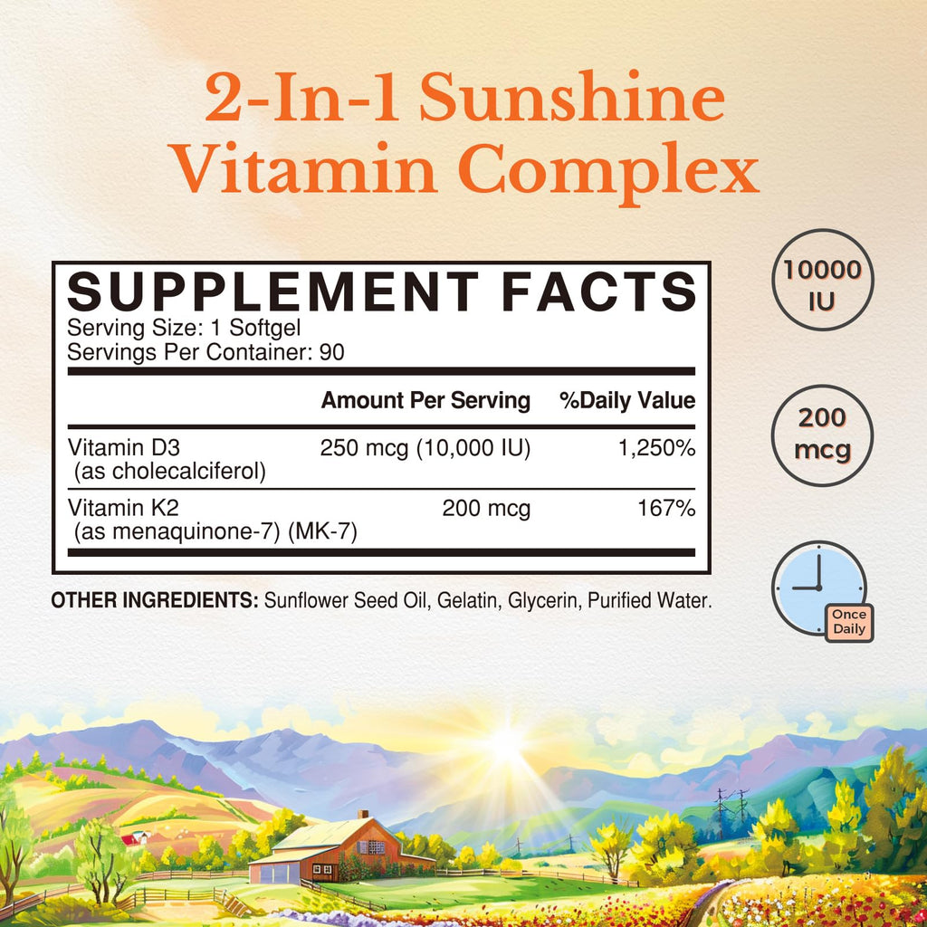 Vitalitown Vitamin D3 K2 Supplement, Vitamin D3 10000 IU Vitamin K2 (MK7) 200 mcg, 90 Softgels (Pack of 2), Non-GMO, No Gluten & Soy, for Bone, Teeth, Immune & Heart Health