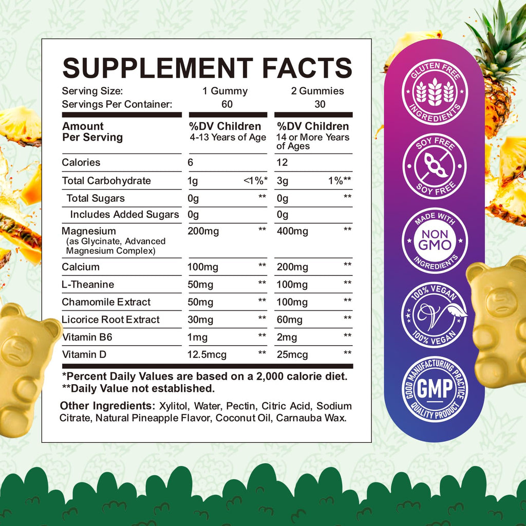 2 Pack Kids Magnesium Gummies, Magnesium Glycinate Gummies for Kids & Adults with L-Theanine, Chamomile, Licorice, Vitamin D, B6 for Sleep, Relaxation, Brain & Muscle, Sugar Free Pineapple
