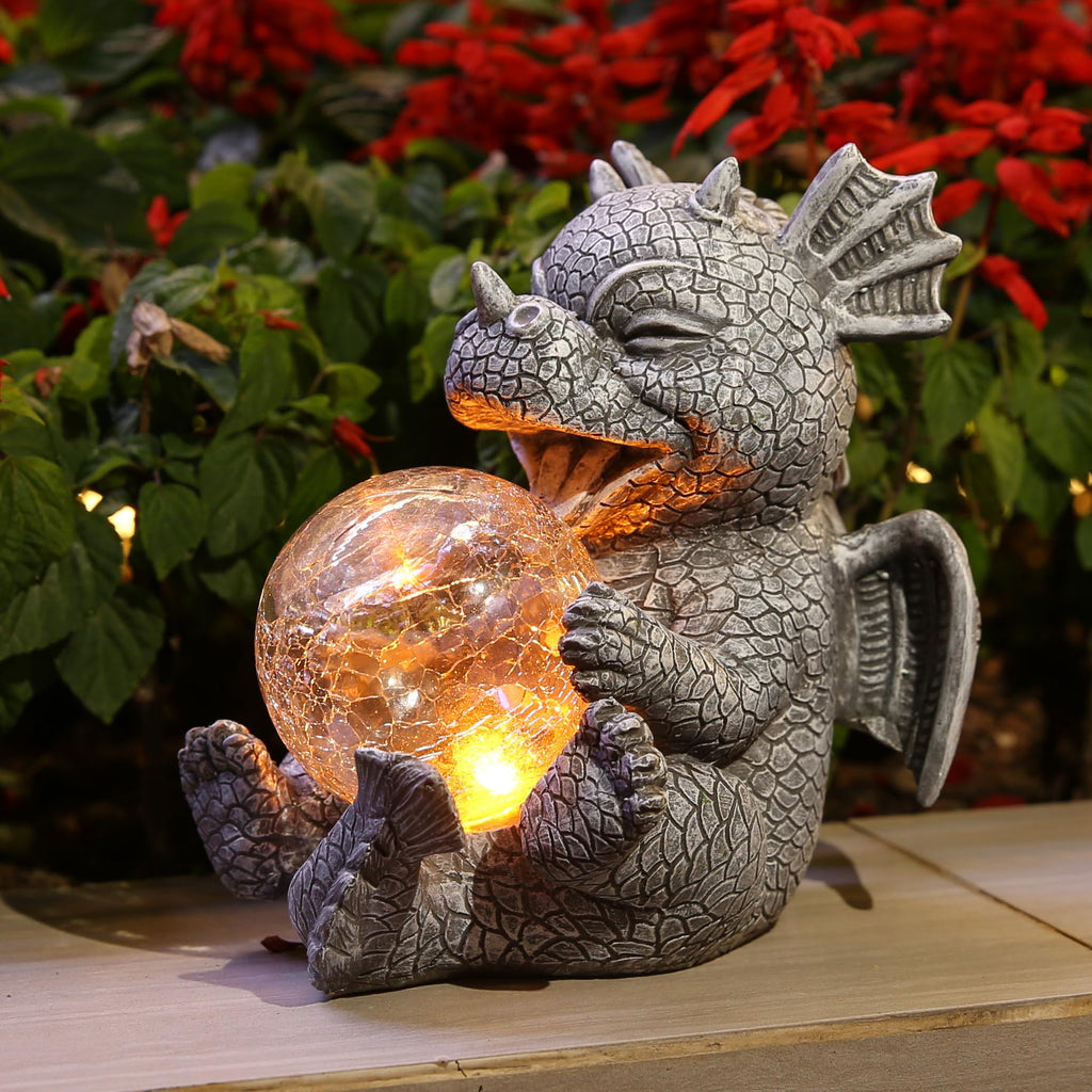 Jy.Cozy Garden Dragon Statue Solar Powered Outdoor Figurine Light Decor Cute and Hold Glowing Glass Ball Resin Sculpture Home Decoration for Porch Patio Lawn Farm Yard Housewarming Ornament Gift