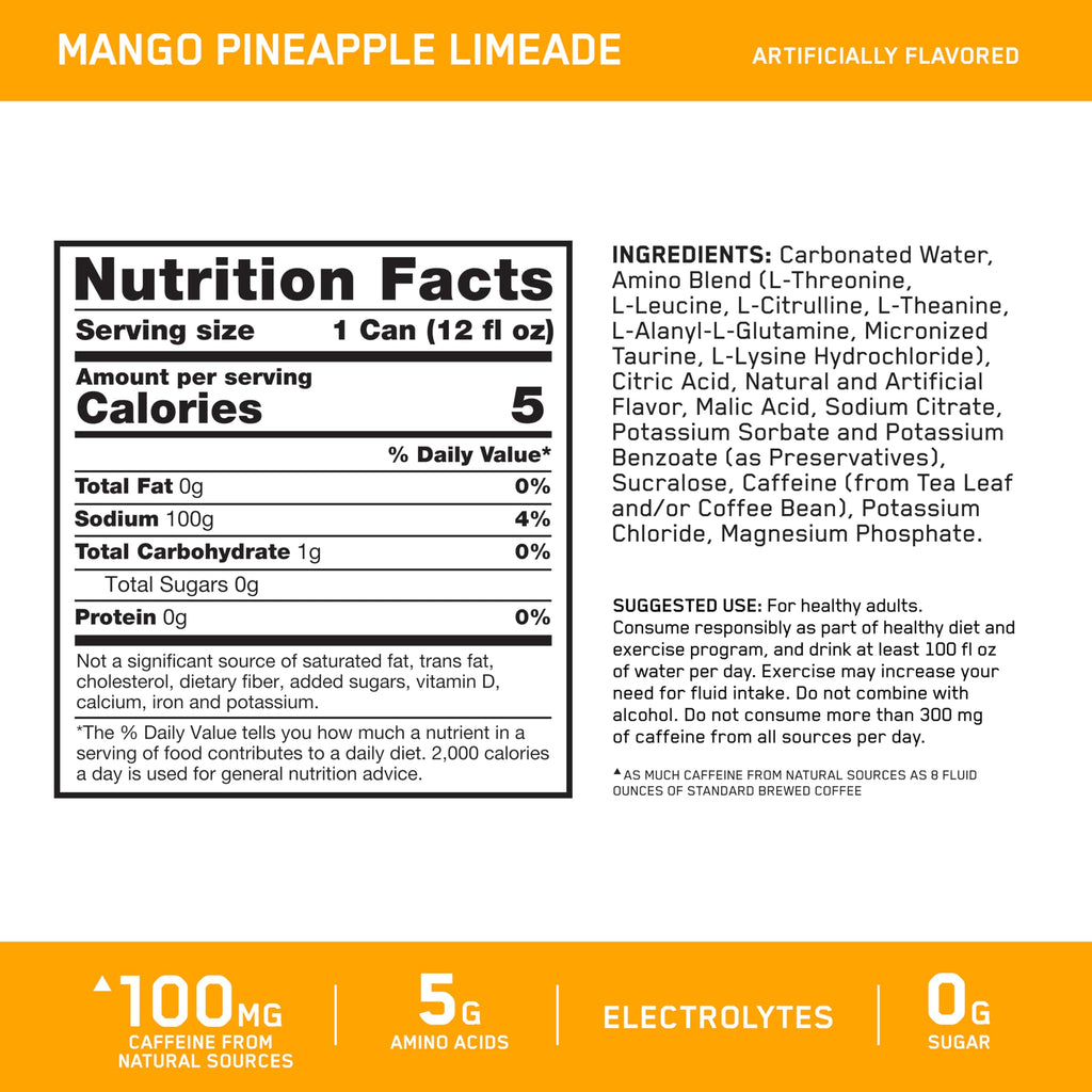 Optimum Nutrition Amino Energy Sparkling Hydration Drink, Electrolytes, Caffeine, Amino Acids, BCAAs, Sugar Free, Mango Pineapple Limeade, 12 Fl Oz, 12 Pack (Packaging May Vary)