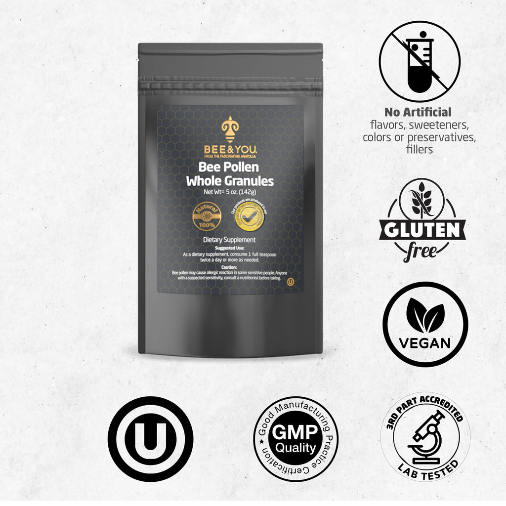 Bee and You - 100% Natural & Raw Bee Pollen Granules, Bee Pollen Supplement, Natural Superfood, Amino Acids, Antioxidants, Enzymes, Vitamin B, Paleo, Keto, Gluten Free, Adults | 5 Oz Pack of 2