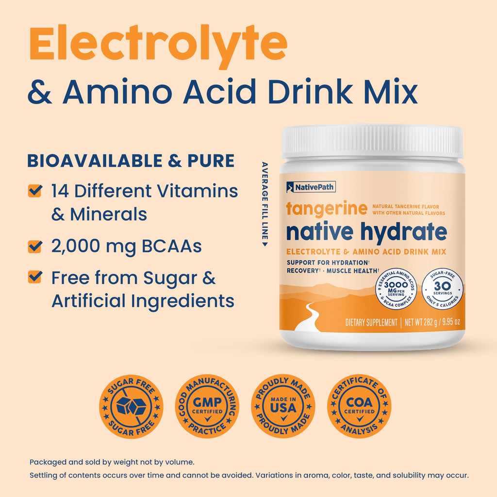NativePath Native Hydrate, Zero Sugar, Electrolytes Powder with BCAAs, Tangerine Hydration, Keto & Paleo Friendly, 30 Servings