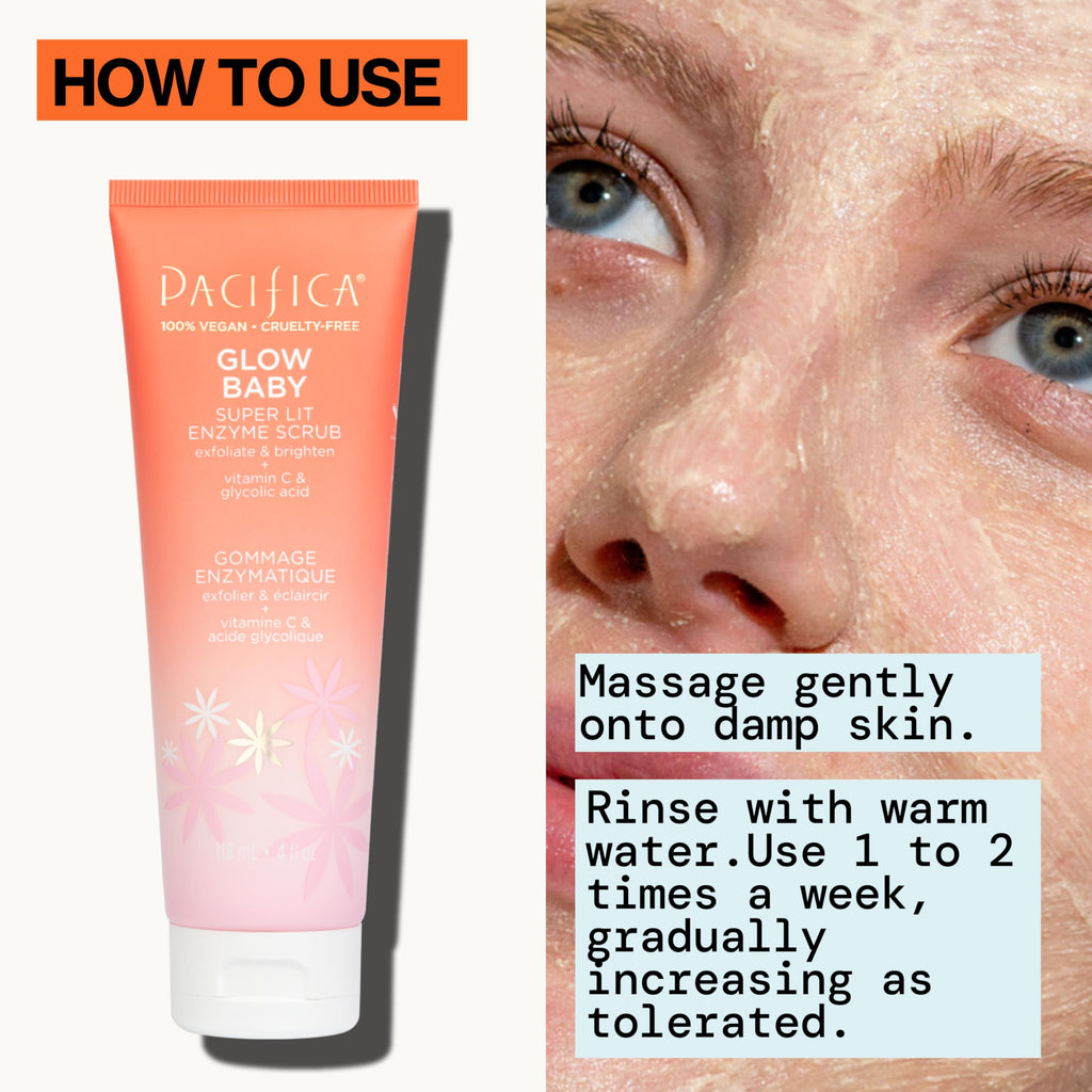 Pacifica Glow Baby Exfoliating Face Scrub, Brightening Enzyme Facial Cleanser w/ Vitamin C & Glycolic Acid for Radiant Smooth Skin, Unclogs Pores & Removes Dead Skin, Microbead-Free Vegan (4 fl oz)