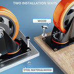 Casters Set of 4 Heavy Duty,5 Inch Caster Wheels with Brakes, Swivel Top Plate Casters No Noise Locking Castor with Polyurethane Wheels for Cart, Furniture,Workbench,Cabinet(Two Hardware Kits Include)