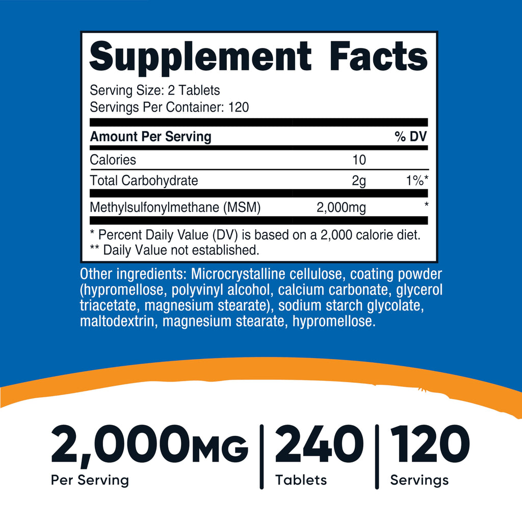 Nutricost MSM Tablets (Methylsulfonylmethane) 2000mg Per Serving, 120 Servings, 240 Tablets - Non-GMO and Gluten Free