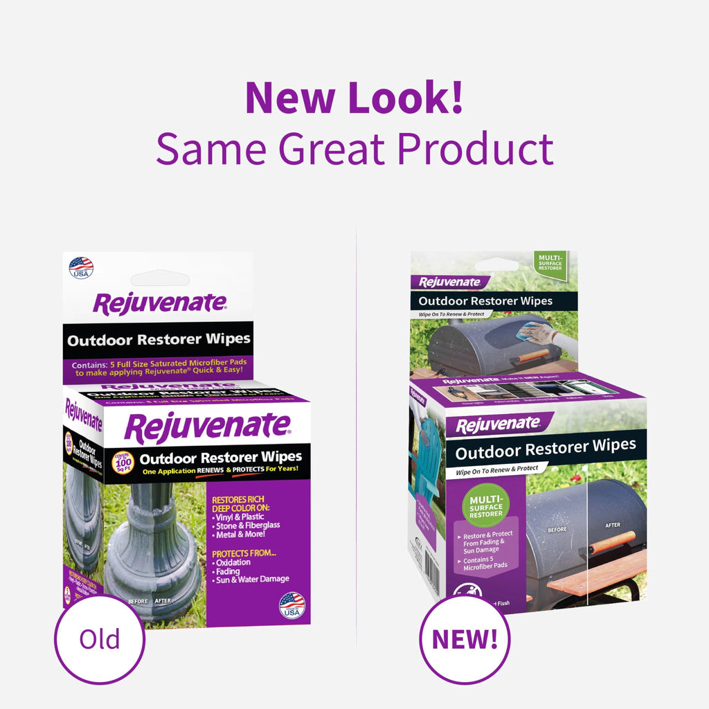 Rejuvenate Outdoor Restorer Wipes, 5 Count, Individually-Wrapped Pre-Saturated Microfiber Wipes Restore Faded and Weathered Surfaces Such As Patio Furniture, Shutters, Siding, And More, 12 Pack