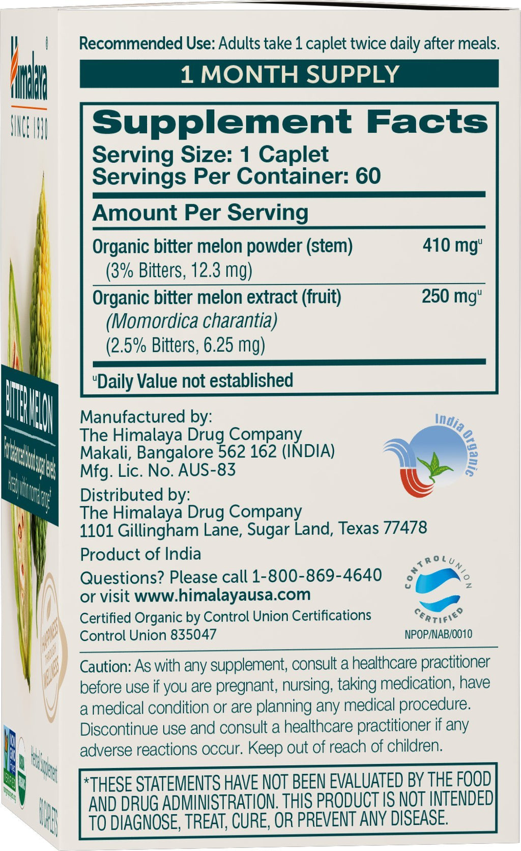 Himalaya Organic Bitter Melon - Herbal Glucose Metabolism Support - USDA Organic, Non-GMO, Vegan, Gluten Free, Additive Free, 660 mg, 60 Caplets
