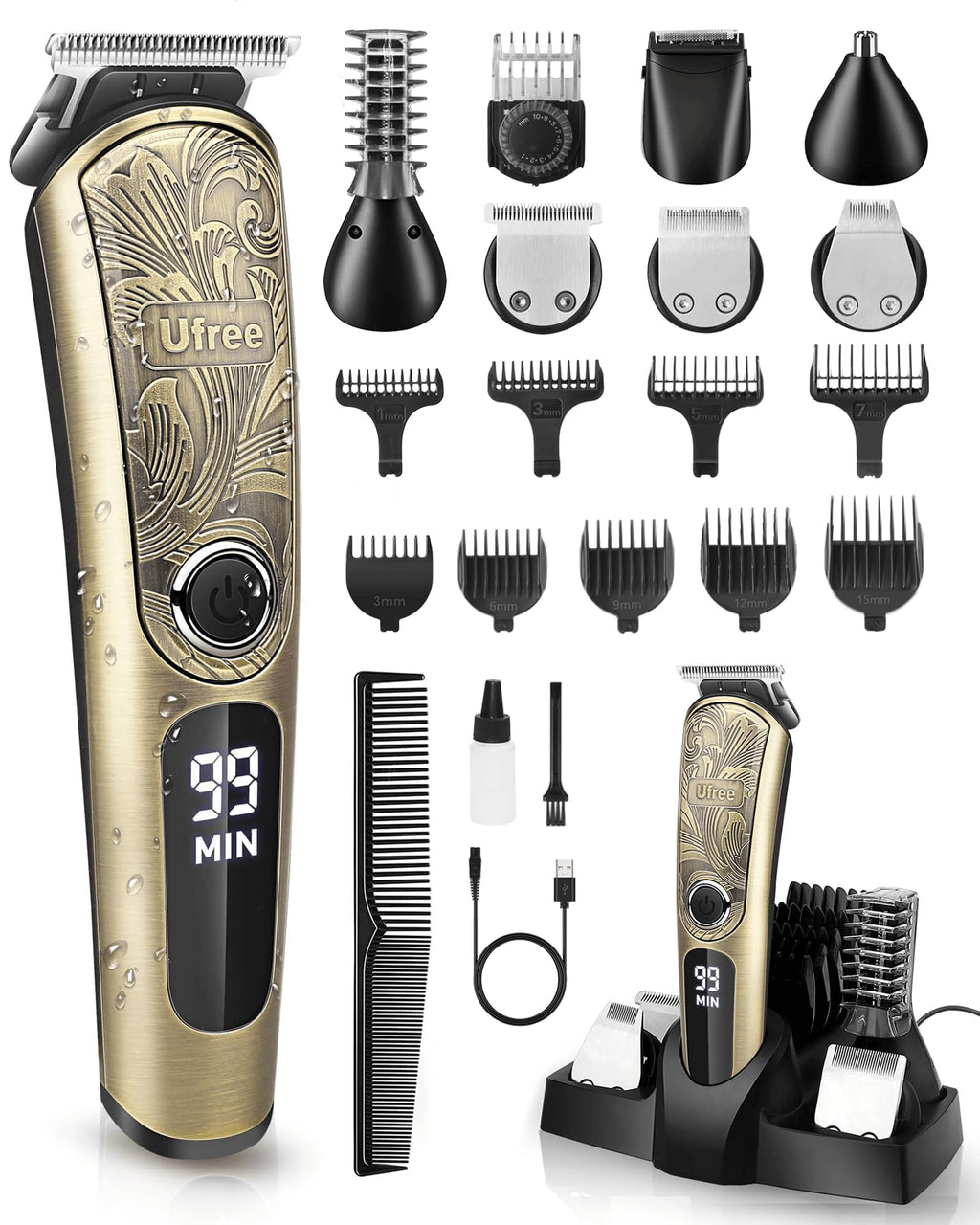 Ufree Beard Trimmer Men, Waterproof Electric Razor Nose, Body, Face and Mustache, Cordless Hair Clippers Shavers Grooming Kit, Gifts for Husband Father
