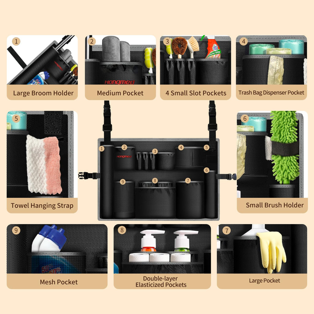 Hongmed Trash Can Caddy Bag: 1680D Fabric Heavy-Duty Cleaning Caddy with Adjustable Buckle fits 32-55 gal Trash Can, Multi-Pockets Cleaning Tool Organizer for House Cleaners & Janitorial Duties