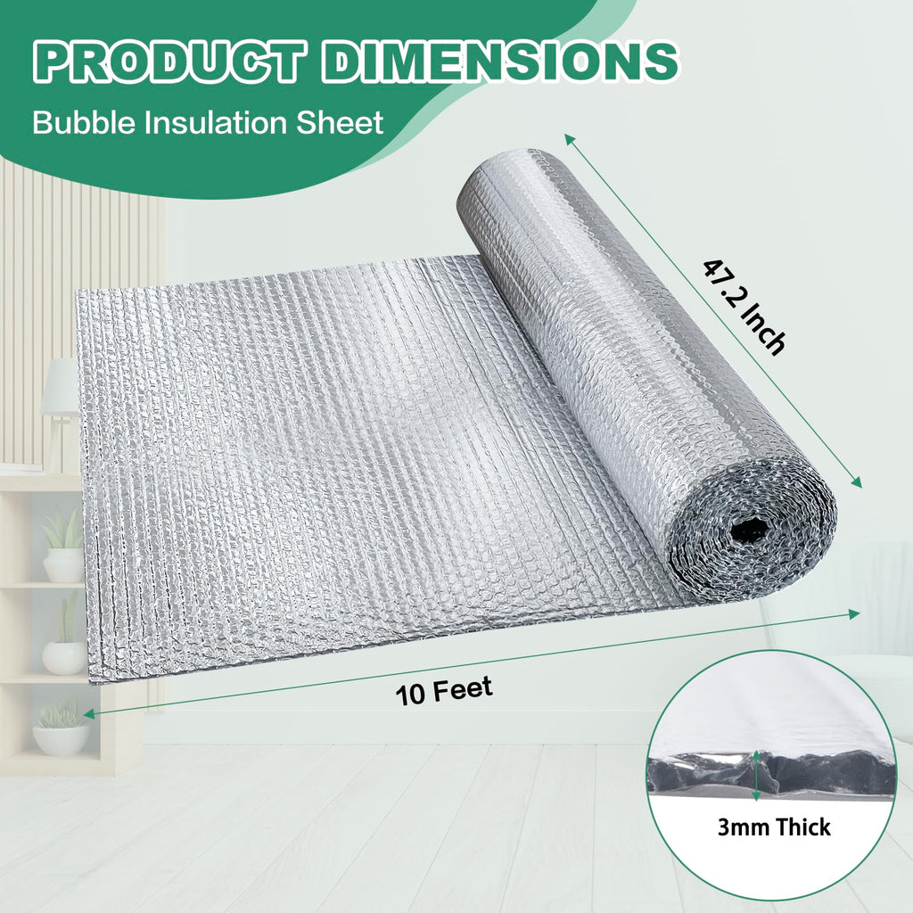 Reflective Bubble Insulation Sheet, Double Side Aluminum Foil Bubble Shield, Aluminum Foil Thermal Insulation Radiant Barrier for Windows, RV, Roof, Garage Door (47IN X 10FT)