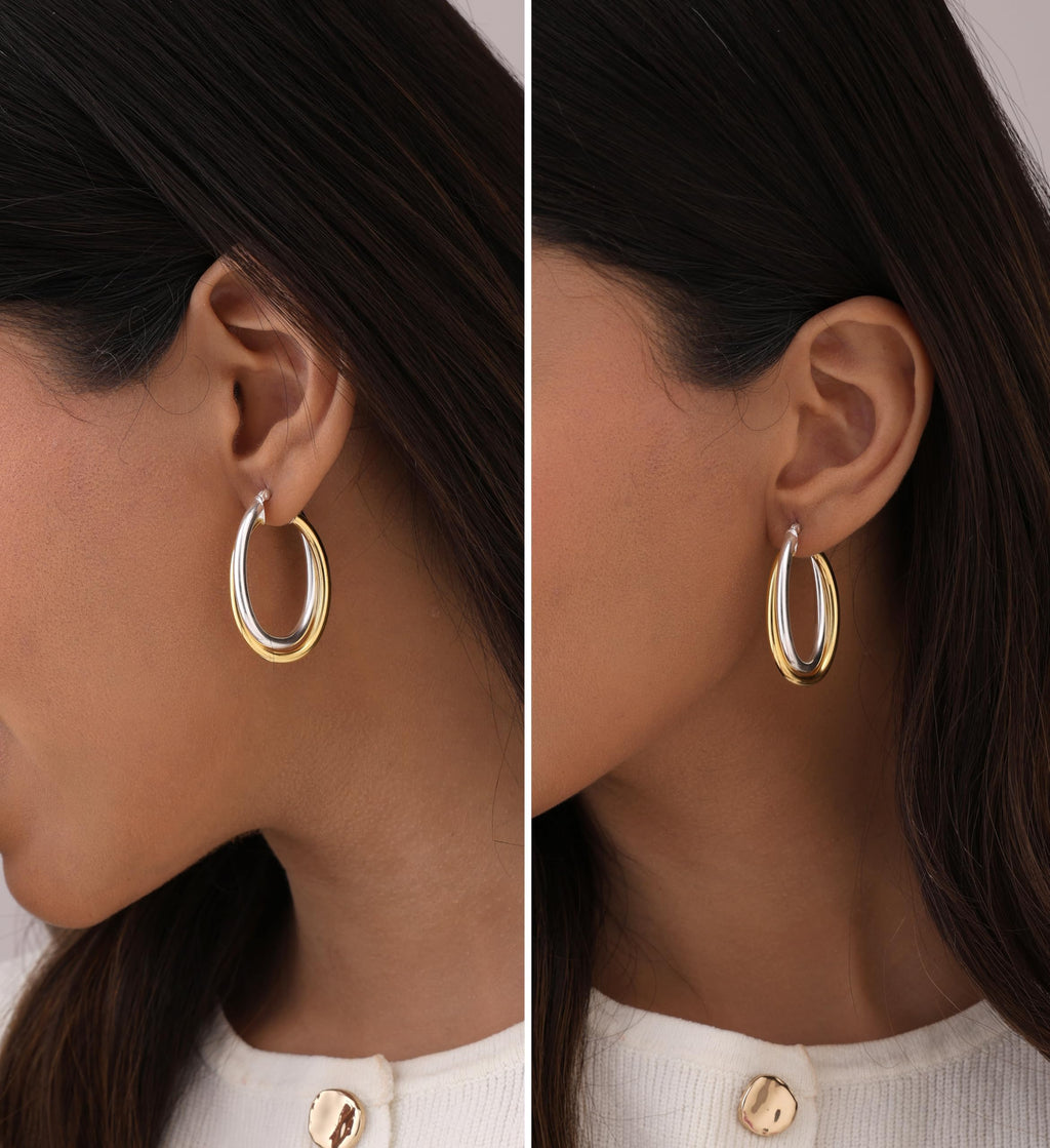LeCalla 925 Sterling Silver Hoop Earrings 14K Gold-Plated Jewelry Two-Tone Intertwining Large Oval Shape Chunky Hoops Earring for Women - 35mm