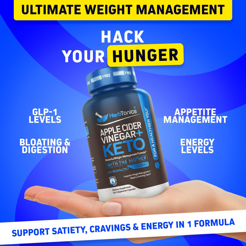 Herbtonics Apple Cider Vinegar + Keto BHB Capsules | GLP-1 Support for Appetite, Cravings & Weight Management | Metabolism Support with Satiety Support | 360 Capsules - 6 Month Supply