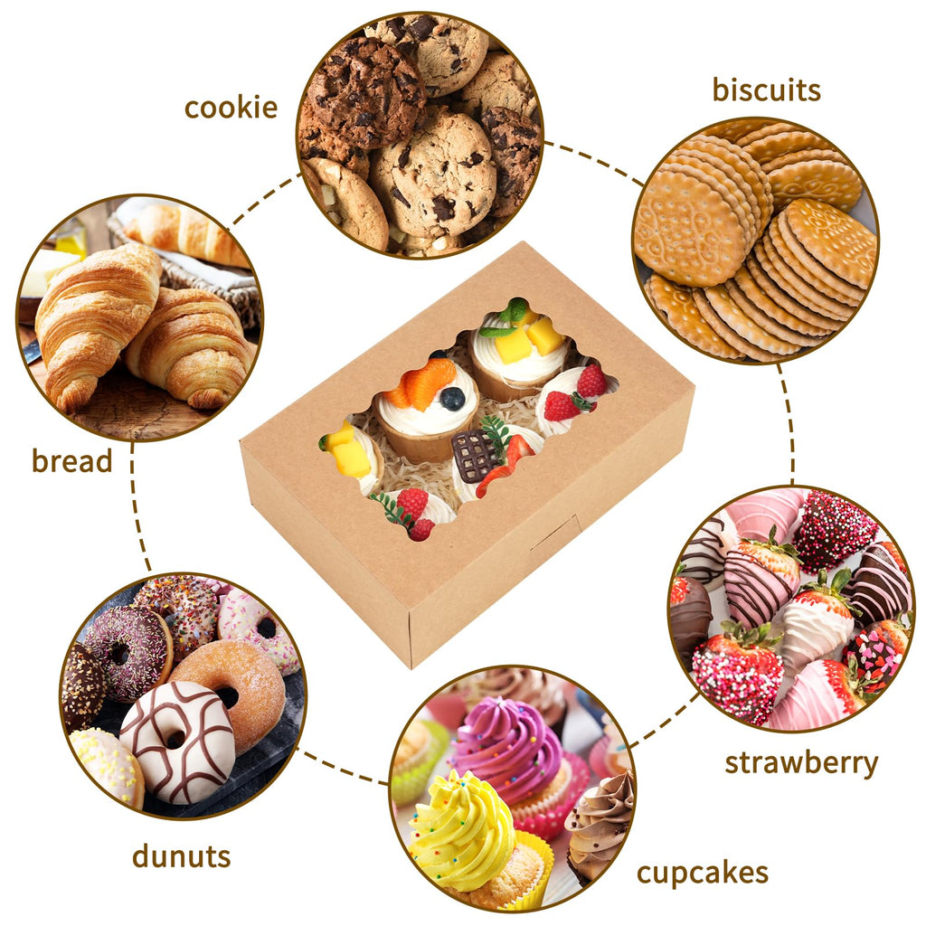 Moretoes 28pcs Cookie Boxes with Window, 9x6x3 Inch Brown Bakery Boxes Pastry Containers for Chocolate Covered Strawberries, Candy, Muffins, Donuts