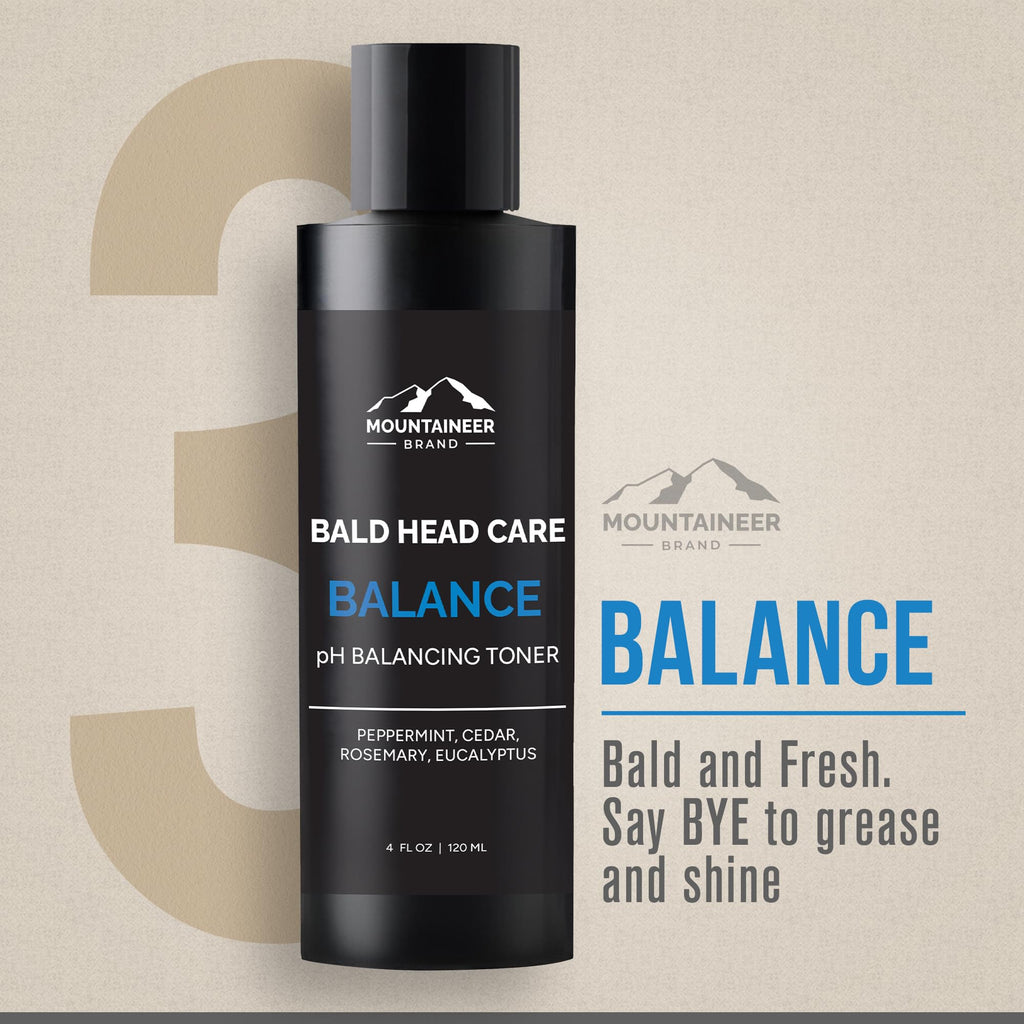 Mountaineer Brand Bald Head Care Gifts For Bald Men | All Natural 4 Step Daily Skin Care for Healthy Scalp & Face | Exfoliate Scrub | Cleanse Wash | Shine Away PH Balance | Protect Moisturizing Balm