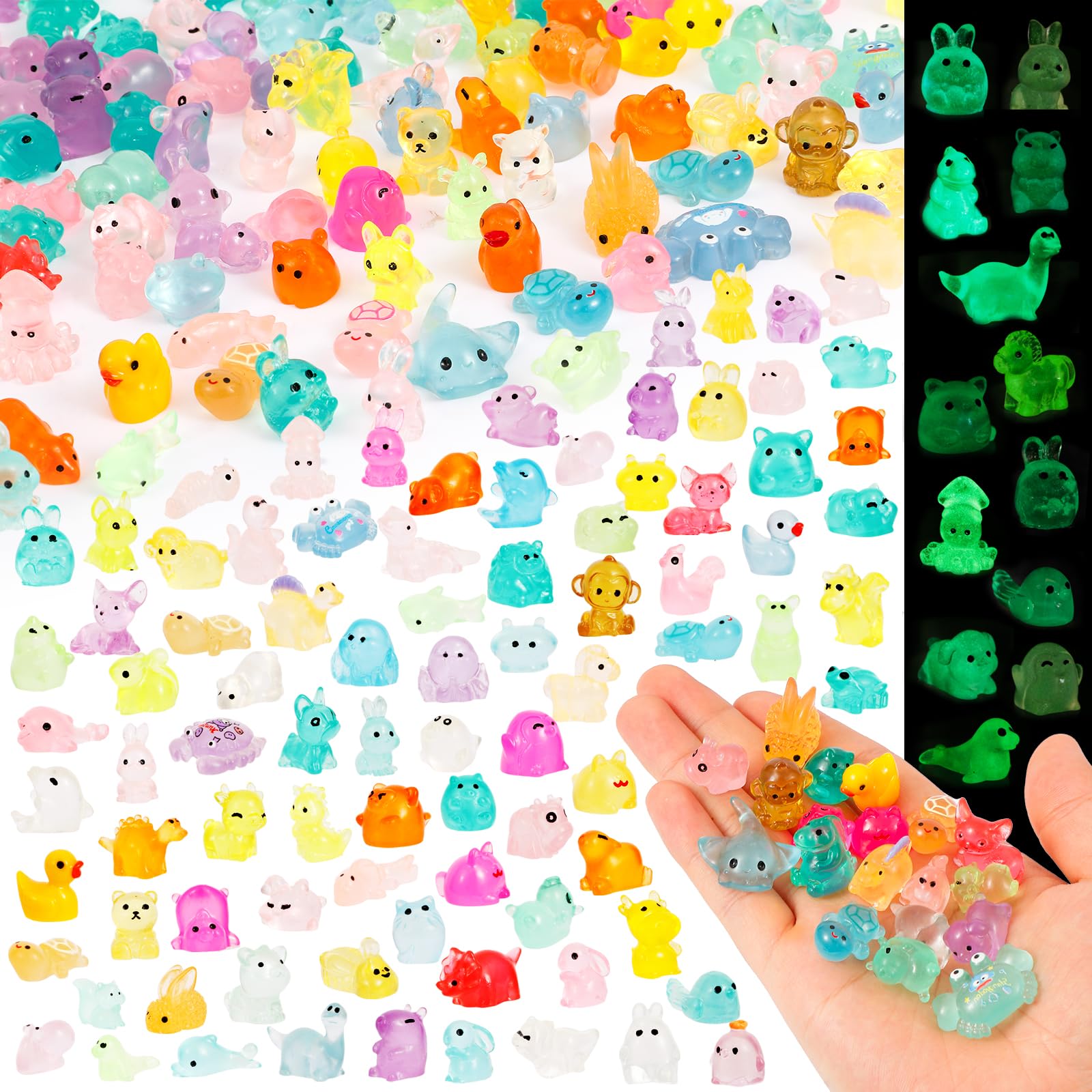 Gucoqe 400PCS Mini Resin Animals, 100+ Styles Glow in the Dark Tiny Animal Figurines Bulk for Fairy Garden, Aquarium, Micro Landscape and DIY Craft Decor
