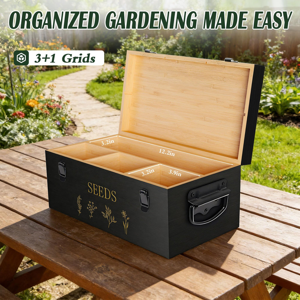 Yocookus Bamboo Seed Storage Organizer, Large Garden Seed Organizer with Lid & Safety Lock & Handles, Seed Box Includes Seed Envelopes and Labels etc, Great Gifts Gardening Kit (Black)