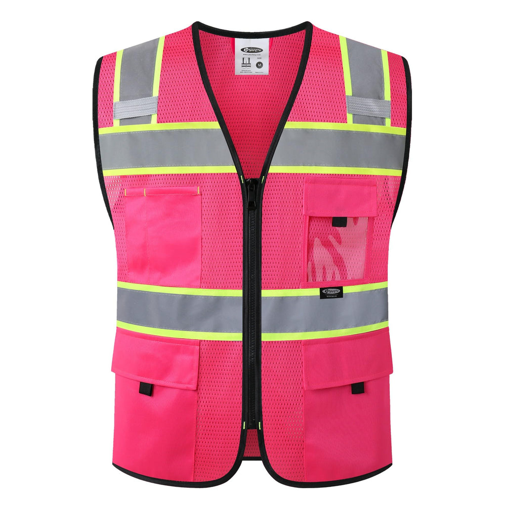 JKSafety Safety Vest for Men Women Hi Vis Relfective Vest with Pockets High Visibility Meet ANSI Standard Pink Color with Extended Yellow Strips (BX331-Pink XL)