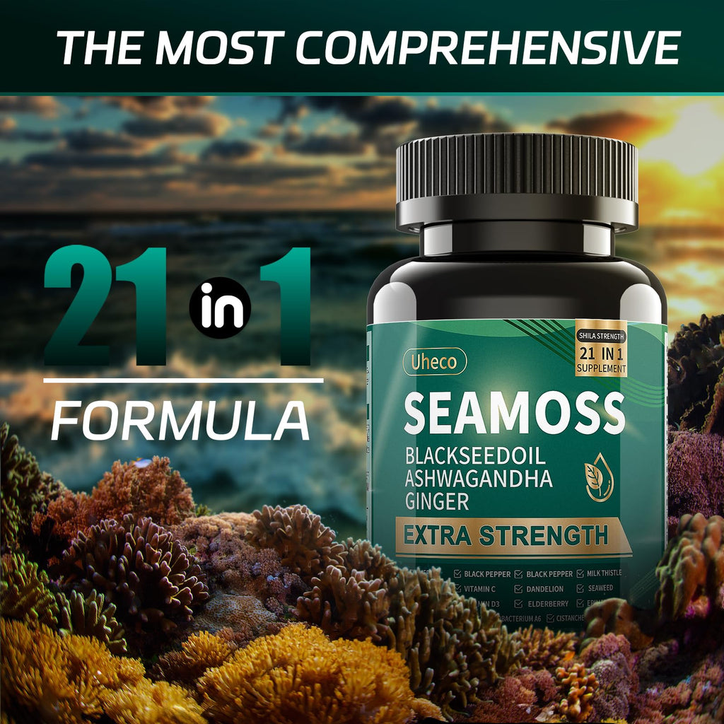 Superfood Advanced Irish Sea Moss Capsules - Sea Moss 21 in 1 Supplement Whit Black Seed, Ashwagandha, Turmeric, Bladderwrack, Burdock - 90 Count