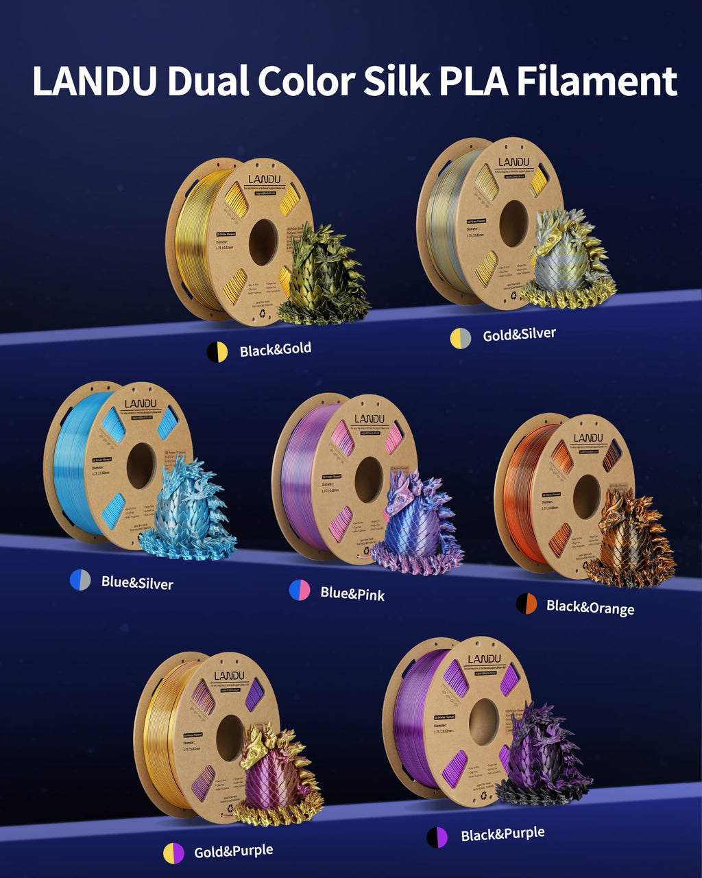 LANDU Silk Dual Color PLA Filament 1.75mm 1KG, 3D Printer Filament Dimensional Accuracy +/- 0.02mm, Coextrusion Filament PLA Shiny Filament Fits for Most FFF 3D Printers,1KG Spool,Gold Silver