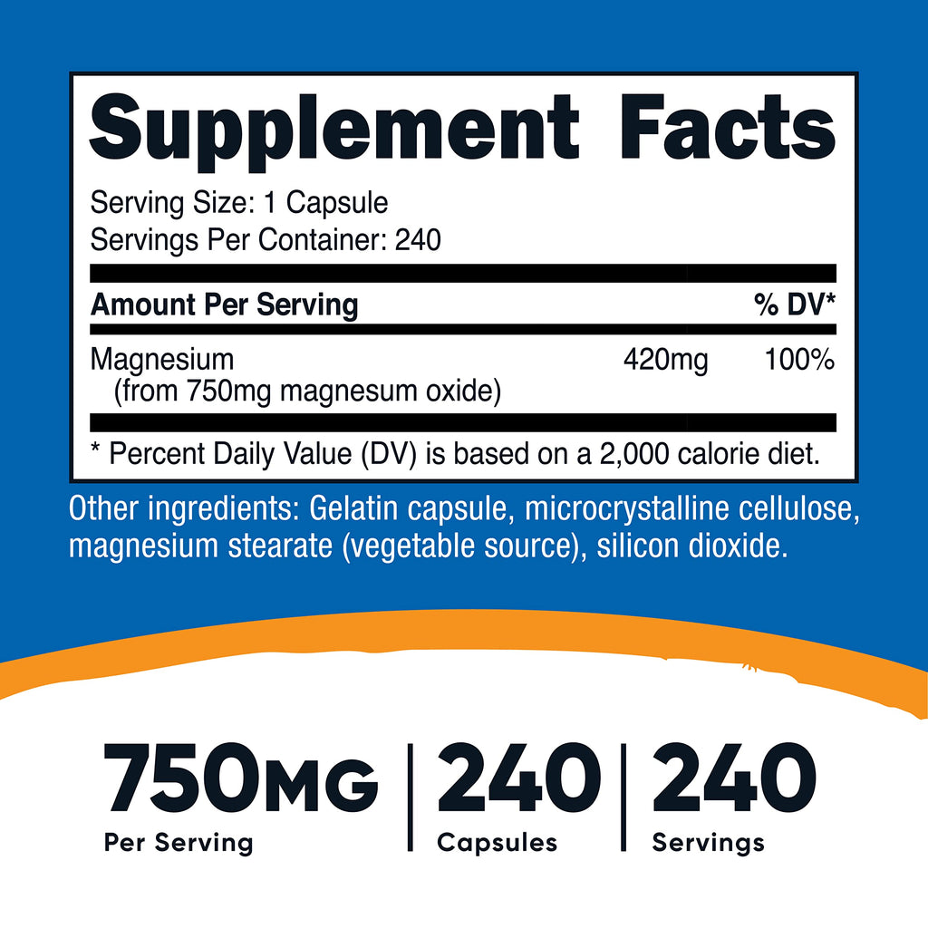 Nutricost Magnesium Oxide 750mg, 240 Capsules (3 Bottles)