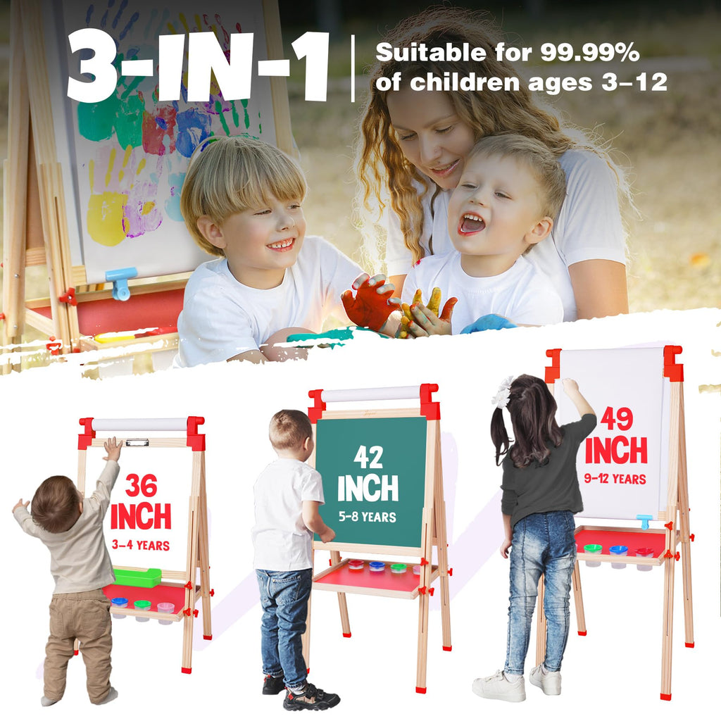 JOYOOSS Kids Wooden Easel with Paper Roll - Adjustable Magnetic Double Sided Drawing Board Whiteboard & Chalkboard Dry Easel Board,Children Art Easel for 3~12 Years Kids Boys Girls Painting Drawing