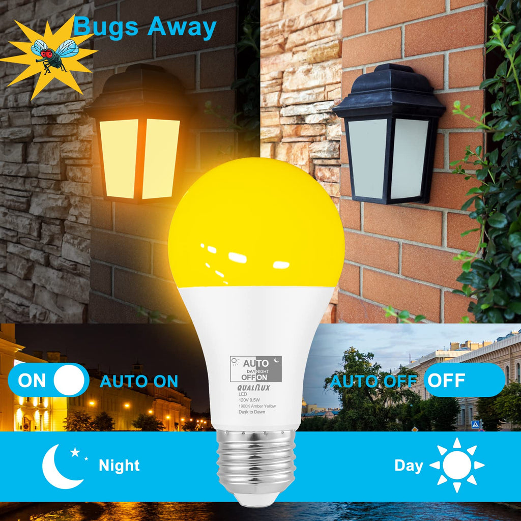 Qualilux Dusk to Dawn A19 LED Bug Light Bulbs Outdoor, 1900K Amber Yellow, 600 Lumen, 9.5W, E26, 4-Pack, HQ-H018