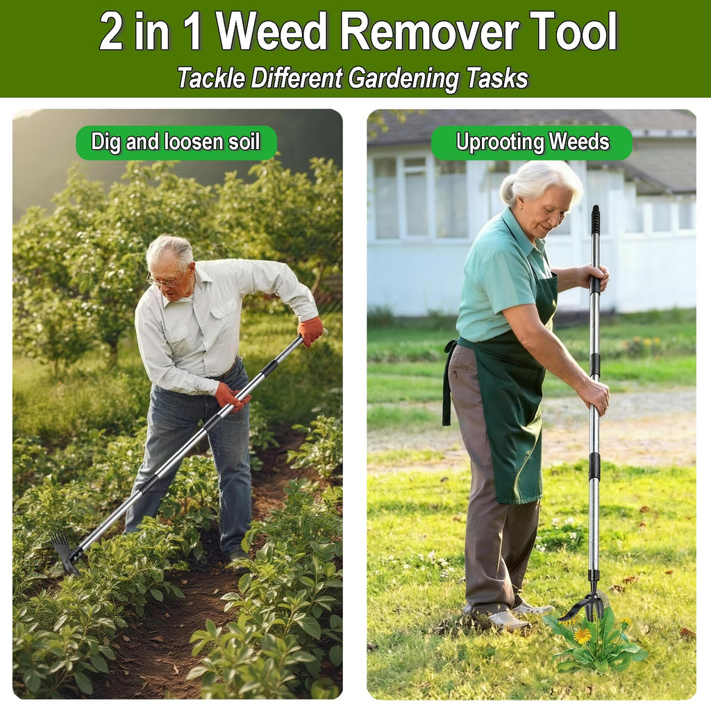 KINFIDTOW 58" Stand Up Weed Puller Tool with Long Handle, 2 in 1 Manual Weeder & Garden Hoe, 4-Claw Steel Head Weed Remover with Gloves for Yard Lawn Patio Garden