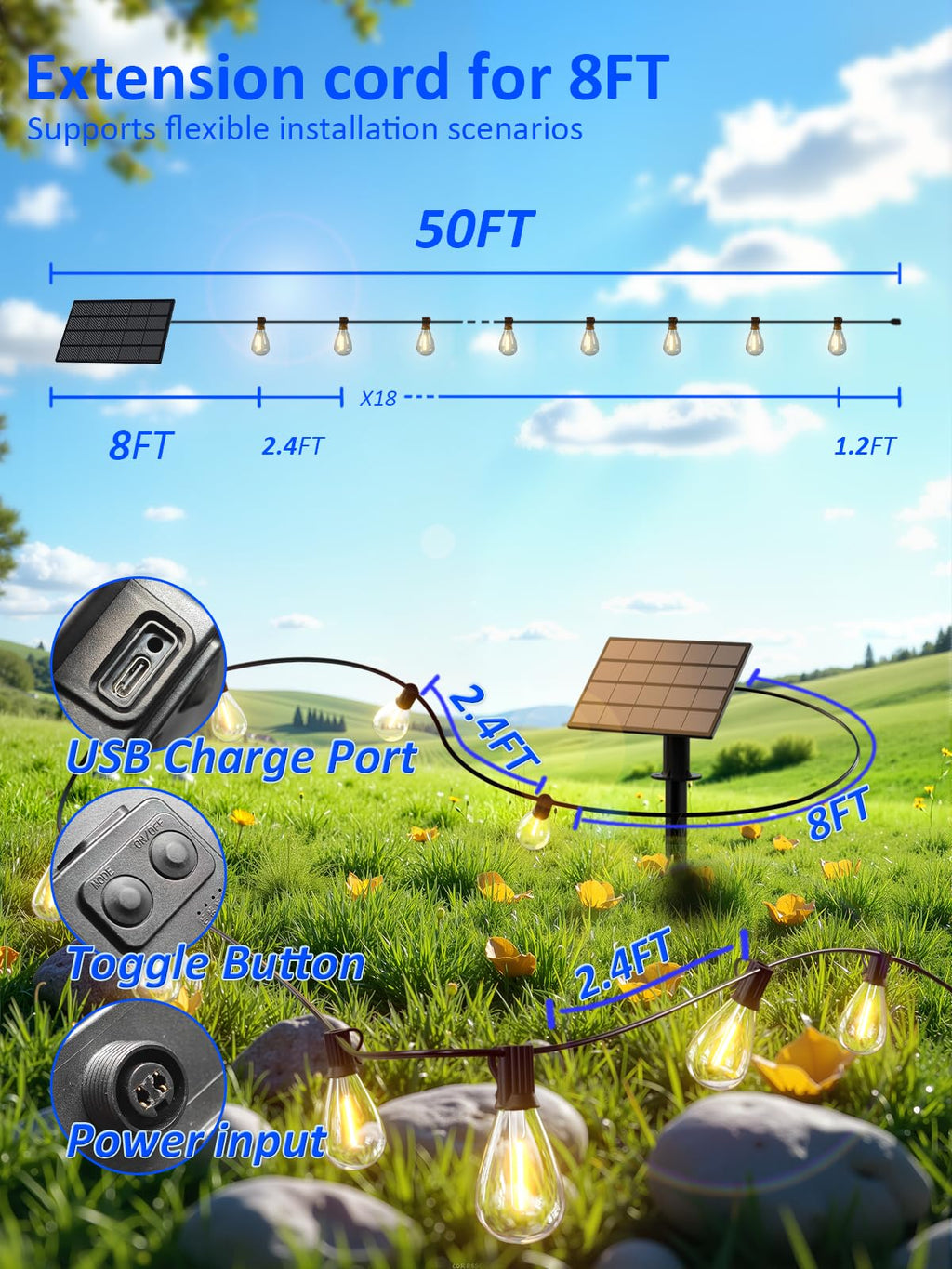 50FT Solar String Lights Outdoor Waterproof with 18+1 LED Bulbs Long Last for 20+Hrs, Commercial Grade Shatterproof USB Patio Solar Powered Lights for Camping，Backyard, Garden, Porch Decor