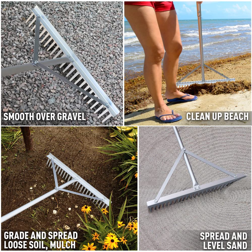 Colwelt Landscape Rake - 24Tines, Aluminum Head with 68" Handle, 24" Width for Beach & Lawn Care
