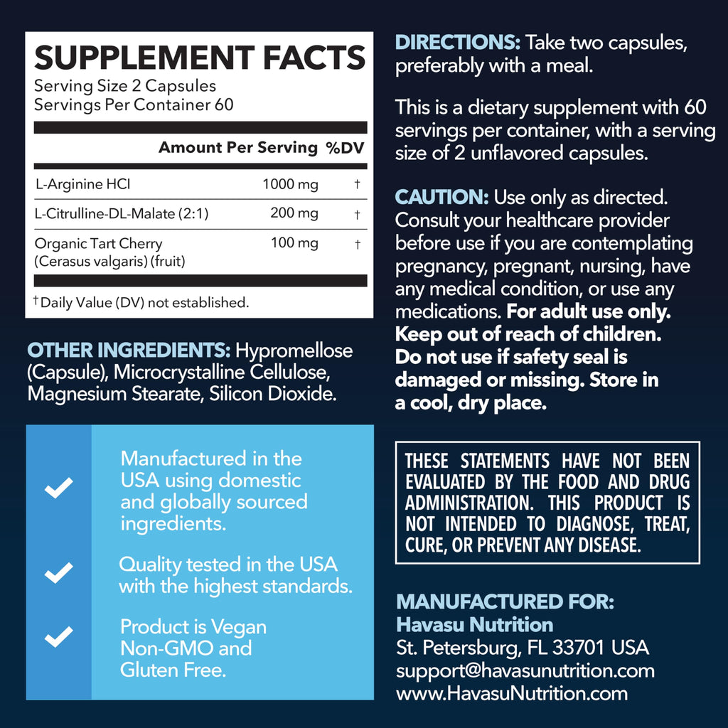 L-Arginine Capsules with L-Citrulline - Nitric Oxide Supplement - L Arginine and L Citrulline Blend - 120 Count - Vegan, Non-GMO Capsules for Performance, Endurance and Muscle Support - 2 Month Supply