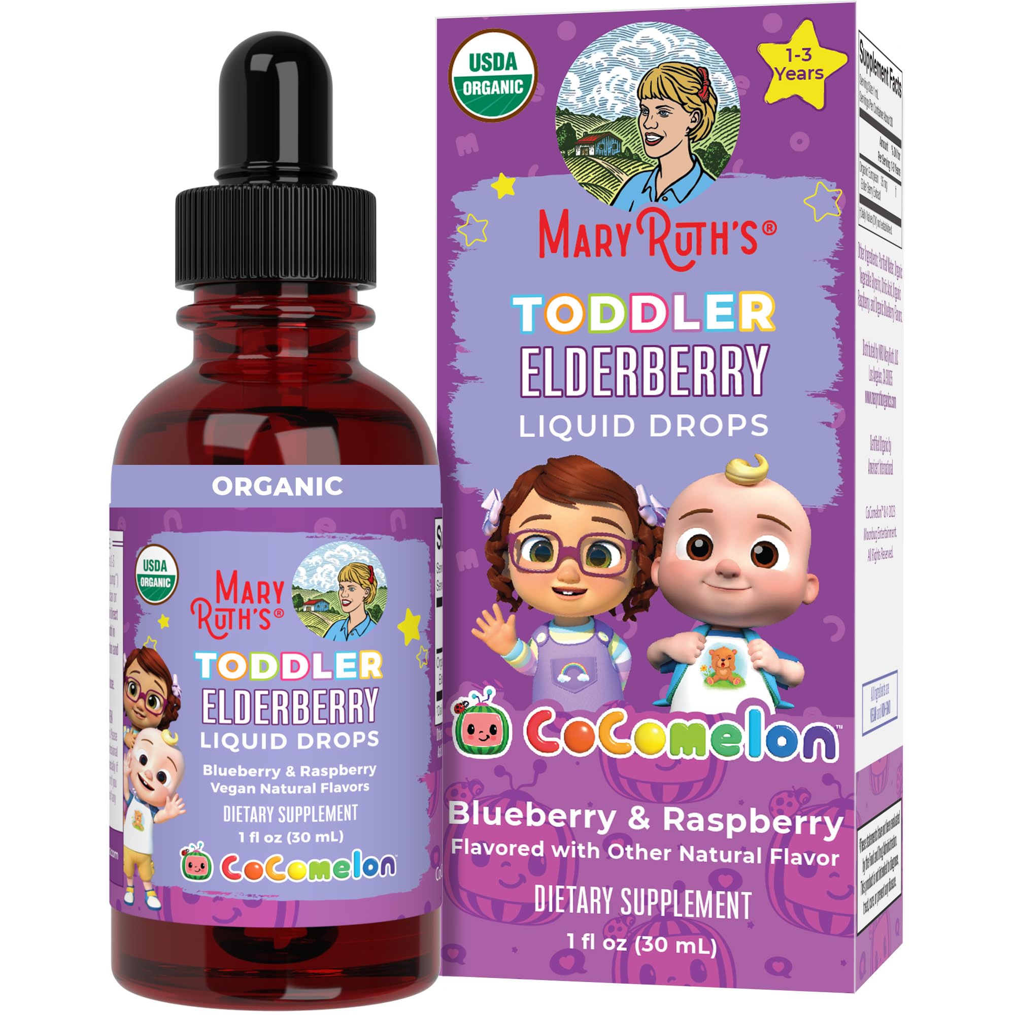 MARYRUTH'S Cocomelon Toddler Elderberry Syrup, USDA Organic Elderberry, Sugar Free Kids Immune Support Supplement for Ages 1-3 Years, Clean Label Project Verified®, Vegan, Gluten Free, 1 Fl Oz