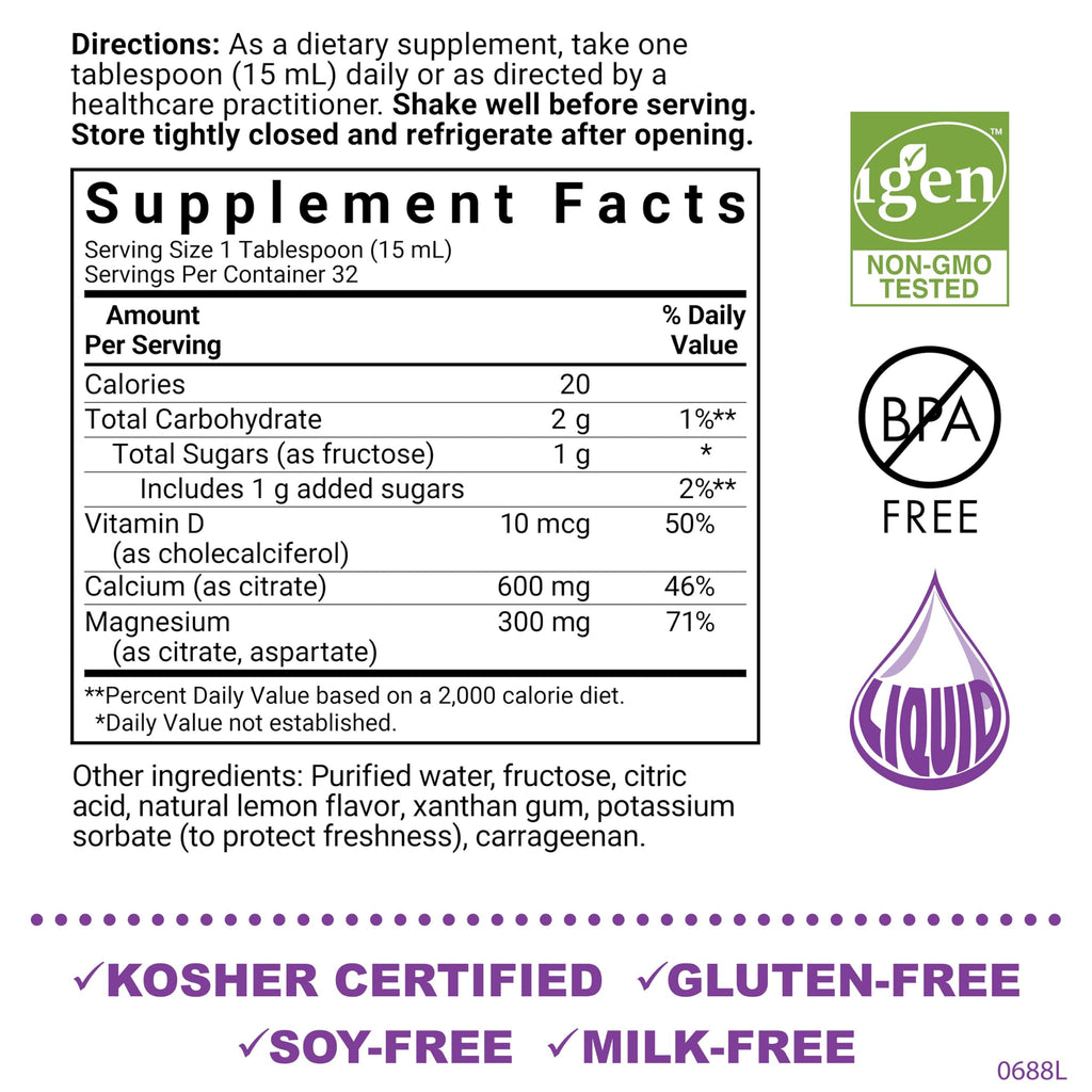 Bluebonnet Nutrition Liquid Calcium Citrate Magnesium Citrate, Vitamin D3, Bone Health, Gluten Free, Soy free, milk free, kosher, 32 Servings, Lemon Flavor, 16 Fl Oz (Pack of 1)