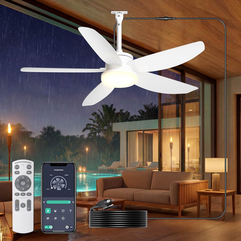 Phylluz Outdoor Ceiling Fan with Lights, 48 Inch Plug in Gazebo Fans with Remote APP Control, Quiet DC Motor, Dimmable 3CCT, Waterproof Hanging Fans for Covered Patios, Porch, White