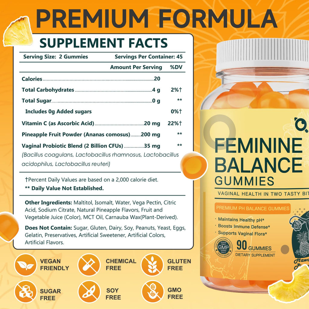 Feminine Balance Gummies, Probiotics Gummies for Women - pH Balance, Odor Control, Vaginal Flora & Digestive Health - Vaginal Probiotic with Vitamin C for Immune, Hawaiian Pineapple Flavor, 90 Gummies