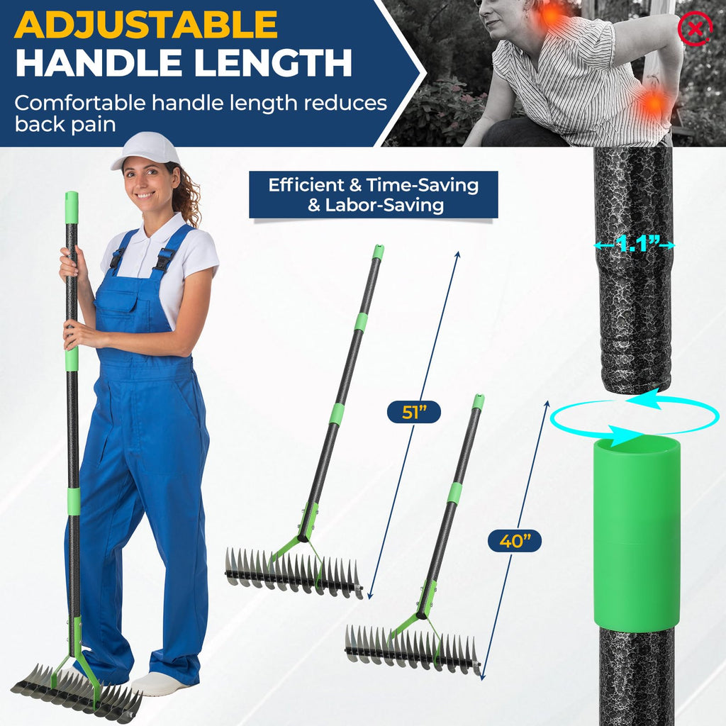 Garden Rake 51" – Dual-Sided Shrub Rake with 13" Sharp Metal Tines, Lightweight Multi-Purpose Yard Tool, Reversible Head for Lawn, Soil, Shrub, Mulch & Leaf Cleanup