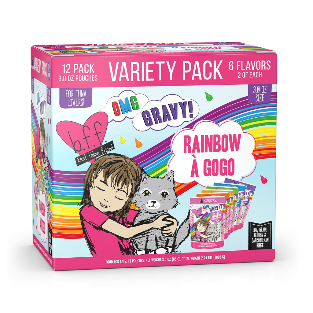 Weruva B.F.F. OMG - Best Feline Friend Oh My Gravy!, Rainbow A Gogo Variety Pack! Cat Food, 3oz Pouch (Pack of 12)