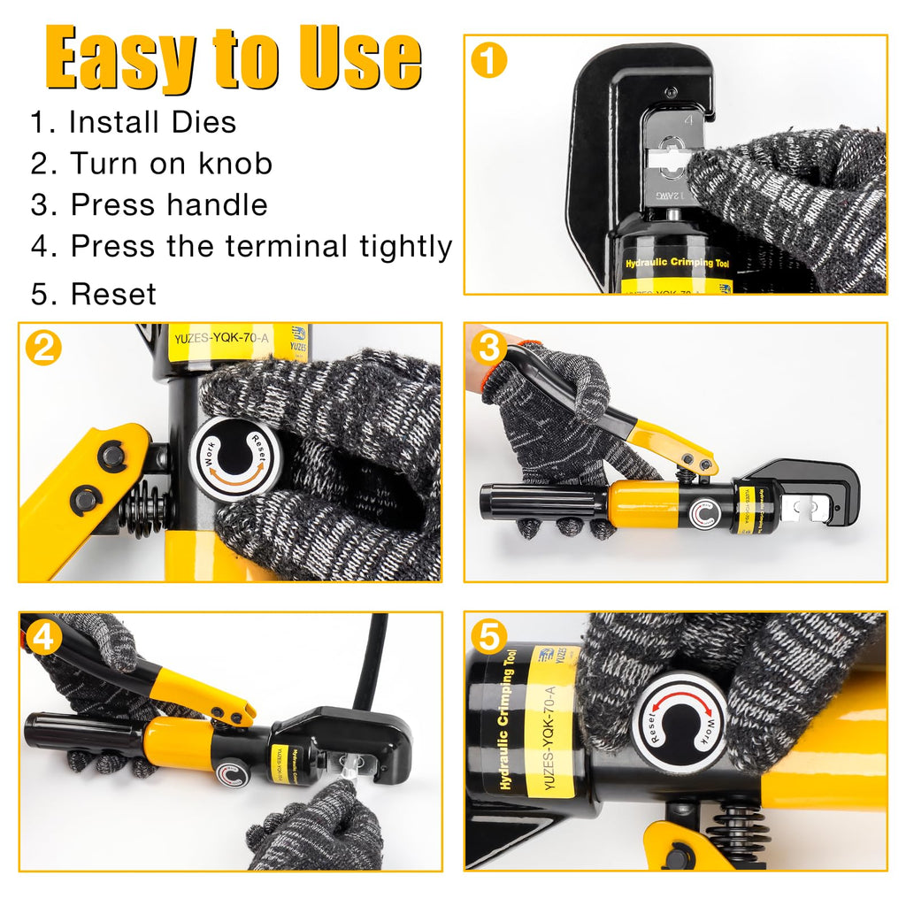 YUZES Hydraulic Crimping Tool and Cable Cutter, 12 AWG to 00 (2/0), 10 Tons Battery Cable Crimper Tool with 9 Crimping Dies, Crimping Tool for Cable Lug, Wire Terminal Lug