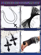 Ecation 7 Pcs 80s Women Costume Accessories Halloween Leather Punk Bracelet Black Cross Necklace Lace Headband Fishnet Glove(Classic Style)