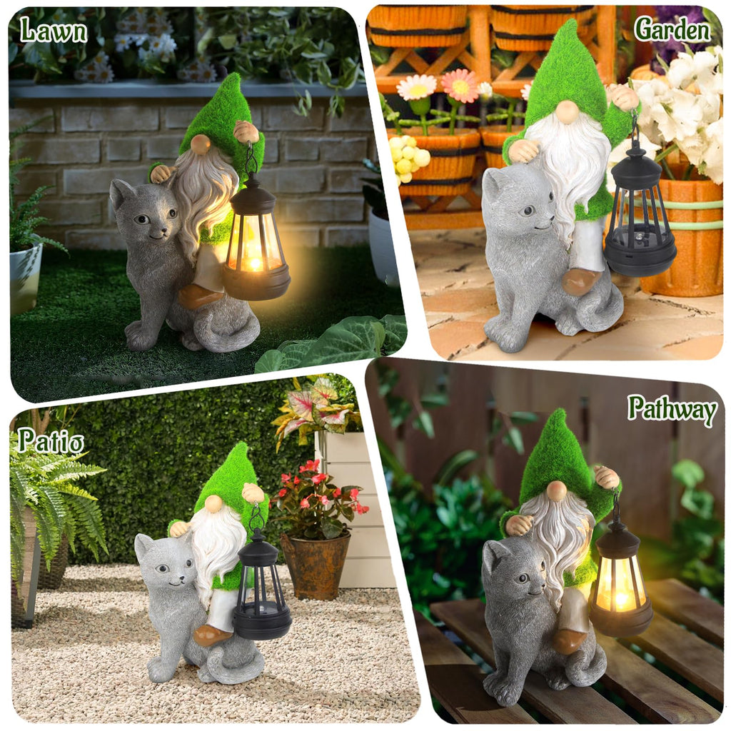 Garden Cat Gnome Decorations for Yard with Solar Lights,Resin Flocked Gnome