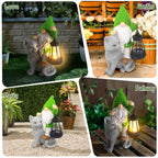 Garden Cat Gnome Decorations for Yard with Solar Lights,Resin Flocked Gnome